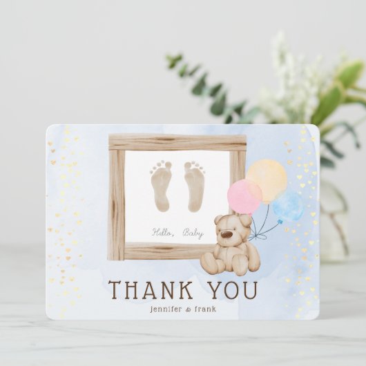 かわいい足水彩青い赤ちゃんシャワーありがとう 招待状 (スタンド正面)