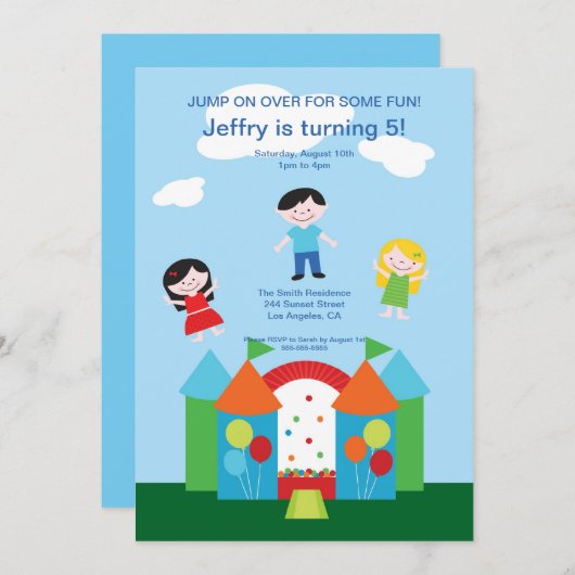 かわいい跳ね上がりの家の誕生日のパーティの招待状 招待状 (正面/裏面)