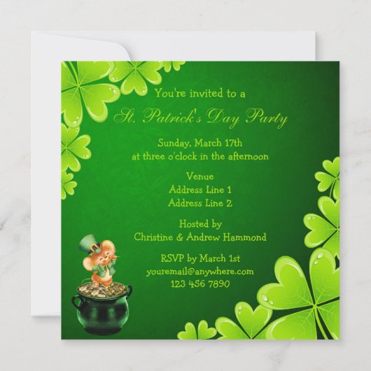 かわいい踊りのマウスのセントパトリックの日のパーティー 招待状 (裏面)