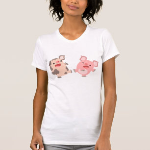 かわいい踊りの漫画のブタの女性のTシャツ Tシャツ
