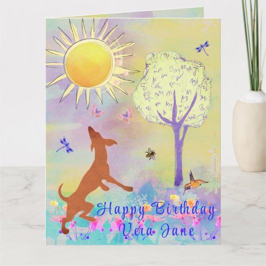 かわいい踊りドッグウォーターカラーアートハッピーバースデー カード (正面)