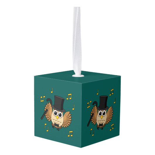 かわいい踊りフクロウとミュージックノート漫画 キューブオーナメント (裏面アングル)