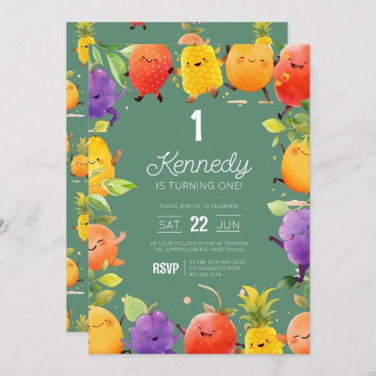 かわいい踊りフルーツ誕生日 招待状 (正面/裏面)