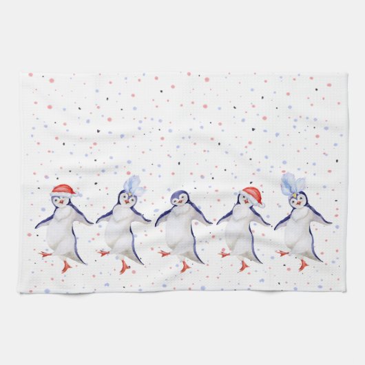 かわいい踊りペンギンクリスマス キッチンタオル (横)