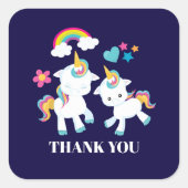 かわいい踊りユニコーン魔法の虹ありがとう スクエアシール (正面)