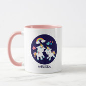 かわいい踊りユニコーン魔法の虹&星 マグカップ (左)