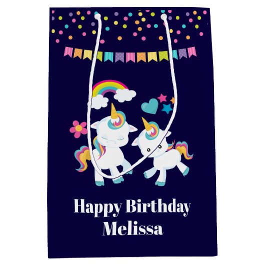 かわいい踊りユニコーン魔法の虹&星 ミディアムペーパーバッグ (正面)