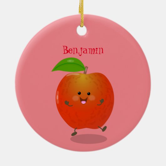 かわいい踊りリンゴ漫画イラストレーション セラミックオーナメント (裏面)