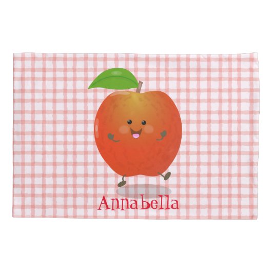 かわいい踊りリンゴ漫画イラストレーション 枕カバー (裏面)