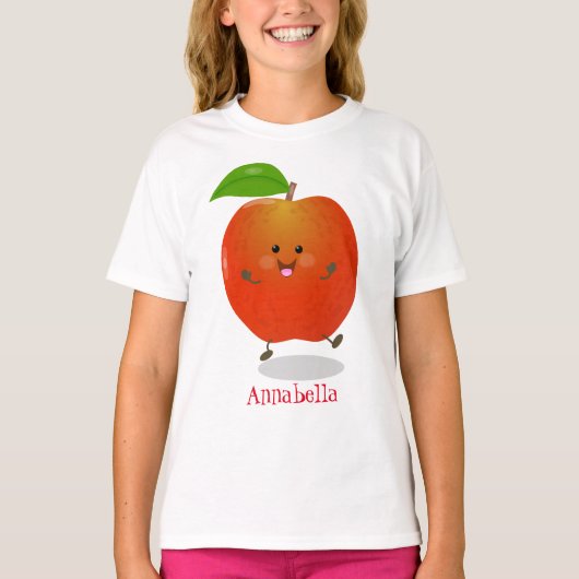 かわいい踊りリンゴ漫画イラストレーション Tシャツ (正面)