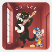 かわいい踊り猫とギターとネズミの友だち スクエアシール (正面)