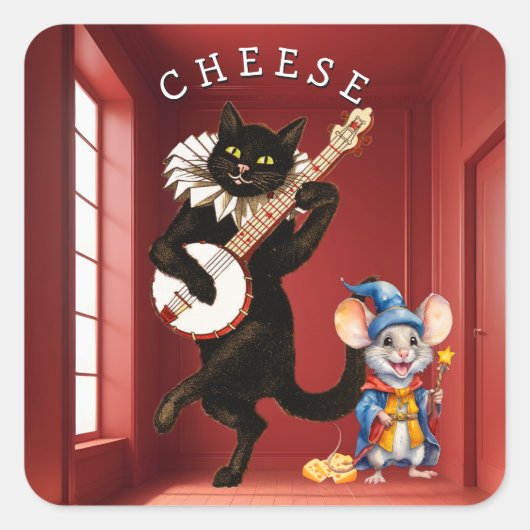 かわいい踊り猫とギターとネズミの友だち スクエアシール (正面)