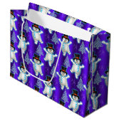 かわいい踊り雪だるまとスノーブルークリスマス ラージペーパーバッグ (正面アングル)