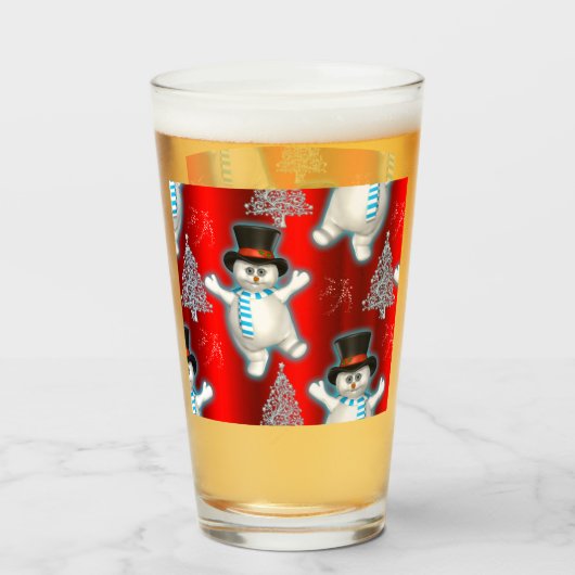 かわいい踊り雪だるまと赤いクリスマスの雪 タンブラーグラス (ドリンク裏面)