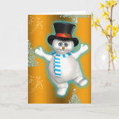 かわいい踊り雪だるま金ゴールドクリスマス カード (黄色い花)