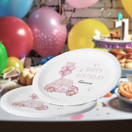 かわいい車とハートの風船 ピンクの誕生日パーティー ペーパープレート