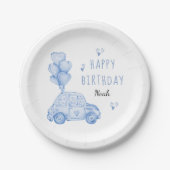 かわいい車とハートバルーン青い誕生日パーティー ペーパープレート (正面)
