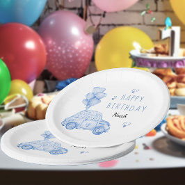 かわいい車とハートバルーン青い誕生日パーティー ペーパープレート
