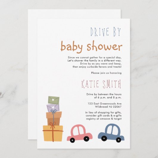 かわいい車と贈り物を車で赤ちゃんシャワー 招待状 (正面/裏面)