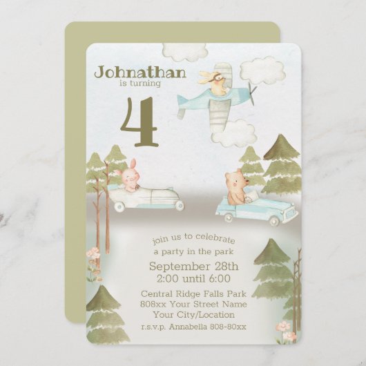 かわいい車と飛行機動物のパーティー 招待状 (正面/裏面)