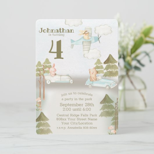 かわいい車と飛行機動物のパーティー 招待状 (スタンド正面)