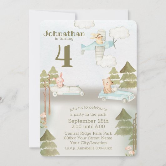 かわいい車と飛行機動物のパーティー 招待状 (正面)