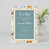 かわいい車のおもちゃパターン男の子ティール（緑がかった色）ベビーシャワー金ゴールド 箔招待状 (立ち正面)