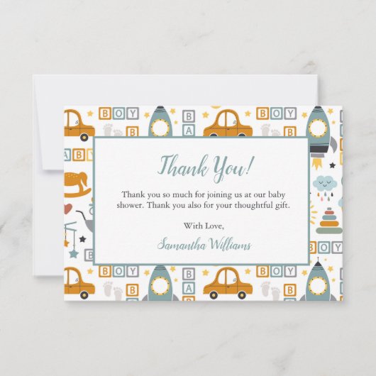 かわいい車のおもちゃパターン男の子ティール(緑がかった色)赤ちゃんシャワー サンキューカード (正面)