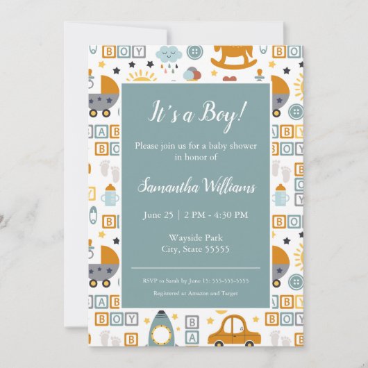 かわいい車のおもちゃパターン男の子ティール(緑がかった色)赤ちゃんシャワー 招待状 (正面)