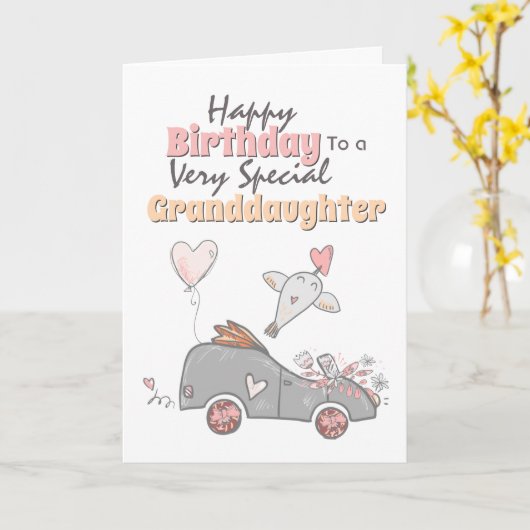 かわいい車のお洒落鳥風船の孫娘の願い カード (黄色い花)