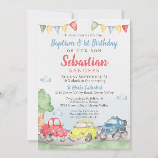 かわいい車のバプテスマ第1誕生日招待状 招待状 (正面)