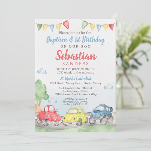 かわいい車のバプテスマ第1誕生日招待状 招待状 (スタンド正面)