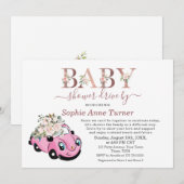 かわいい車のピンクの花の女の子のベビーシャワー ドライブバイ 招待状 (正面/裏面)