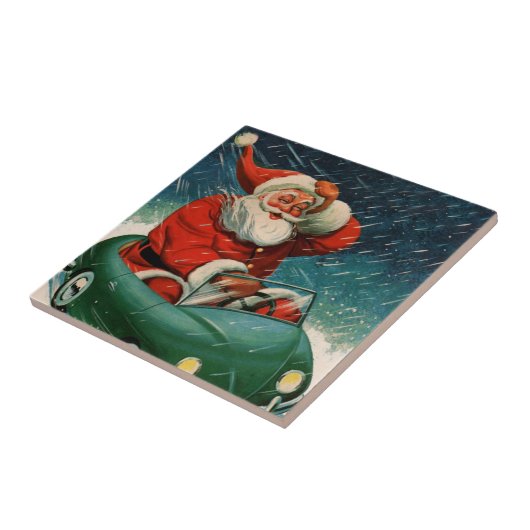 かわいい車の中でサンタ・クラウスのヴィンテージクリスマス タイル (側面)