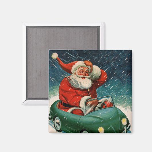 かわいい車の中でサンタ・クラウスのヴィンテージクリスマス マグネット (正面/裏面)