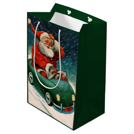 かわいい車の中でサンタ・クラウスのヴィンテージクリスマス ミディアムペーパーバッグ (裏面アングル)