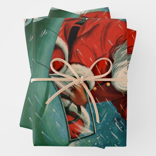 かわいい車の中でサンタ・クラウスのヴィンテージクリスマス ラッピングペーパーシート (インサイチュ)