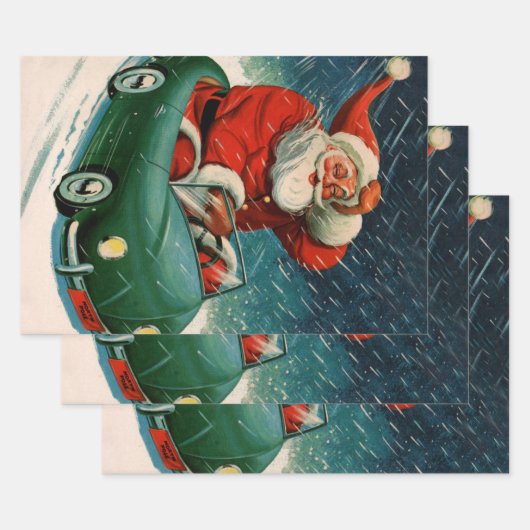 かわいい車の中でサンタ・クラウスのヴィンテージクリスマス ラッピングペーパーシート (セット)