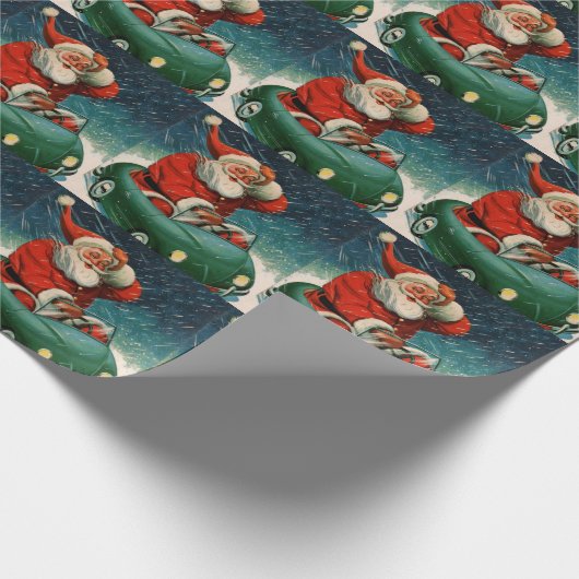 かわいい車の中でサンタ・クラウスのヴィンテージクリスマス ラッピングペーパー (角)