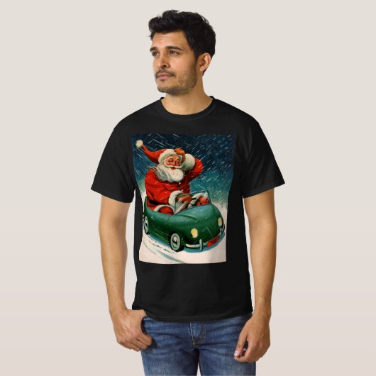 かわいい車の中でサンタ・クラウスのヴィンテージクリスマス Tシャツ (正面フル)