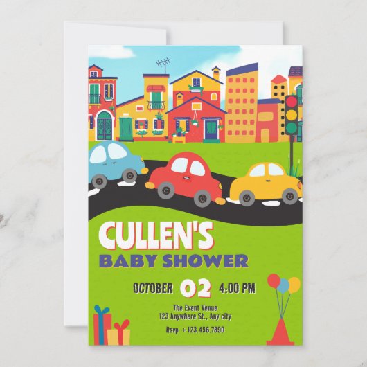 かわいい車の赤ちゃんシャワー 招待状 (正面)