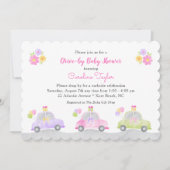 かわいい車を介して弓ガールベイビーシャワー 招待状 (正面)