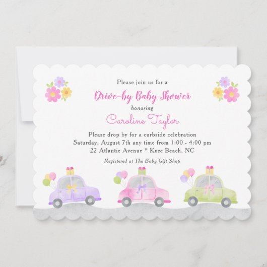 かわいい車を介して弓ガールベイビーシャワー 招待状 (正面)