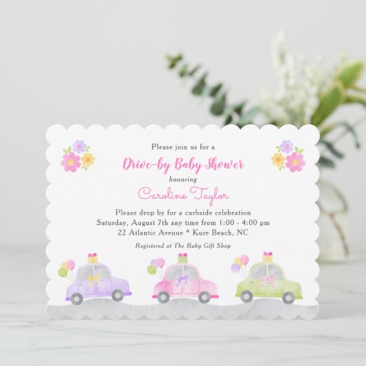 かわいい車を介して弓ガールベイビーシャワー 招待状 (スタンド正面)