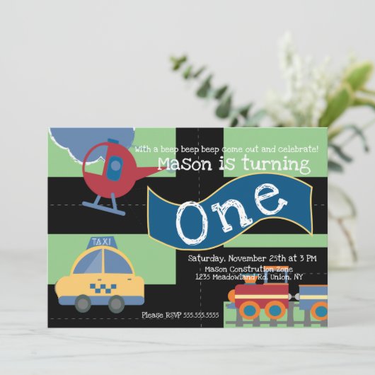 かわいい車パーティー1st誕生日任意の年齢 招待状 (スタンド正面)