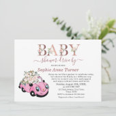 かわいい車ピンクのフローラガールベビーシャワードライブバイ 招待状 (スタンド正面)