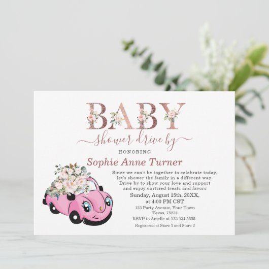 かわいい車ピンクのフローラガールベビーシャワードライブバイ 招待状 (スタンド正面)
