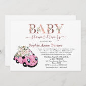 かわいい車ピンクのフローラガールベビーシャワードライブバイ 招待状 (正面/裏面)