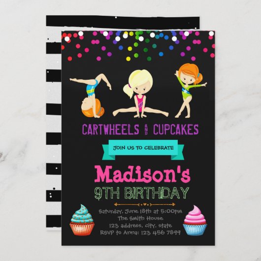 かわいい車輪およびカップケーキの誕生日の招待 招待状 (正面/裏面)