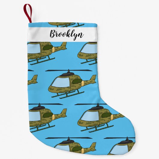 かわいい軍の迷彩ヘリコプター漫画 スモールクリスマスストッキング (正面)